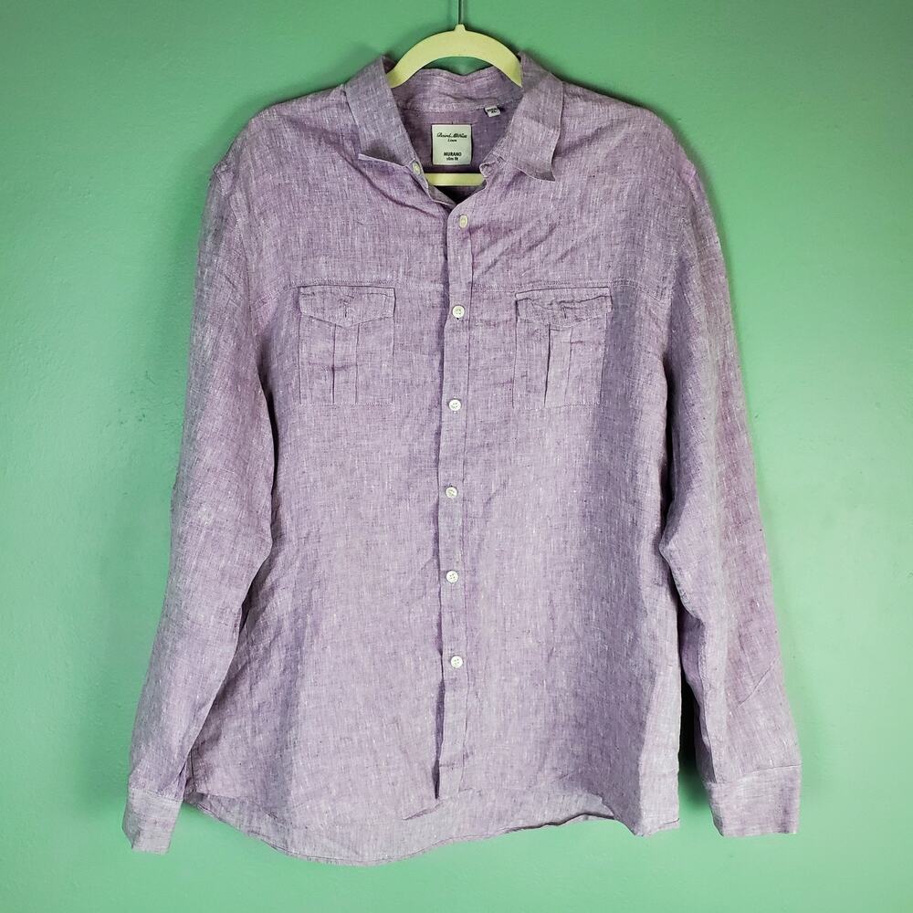 Murano Men's Baird McNutt Linen Slim Fit Button Front Purple Shirt Size XL